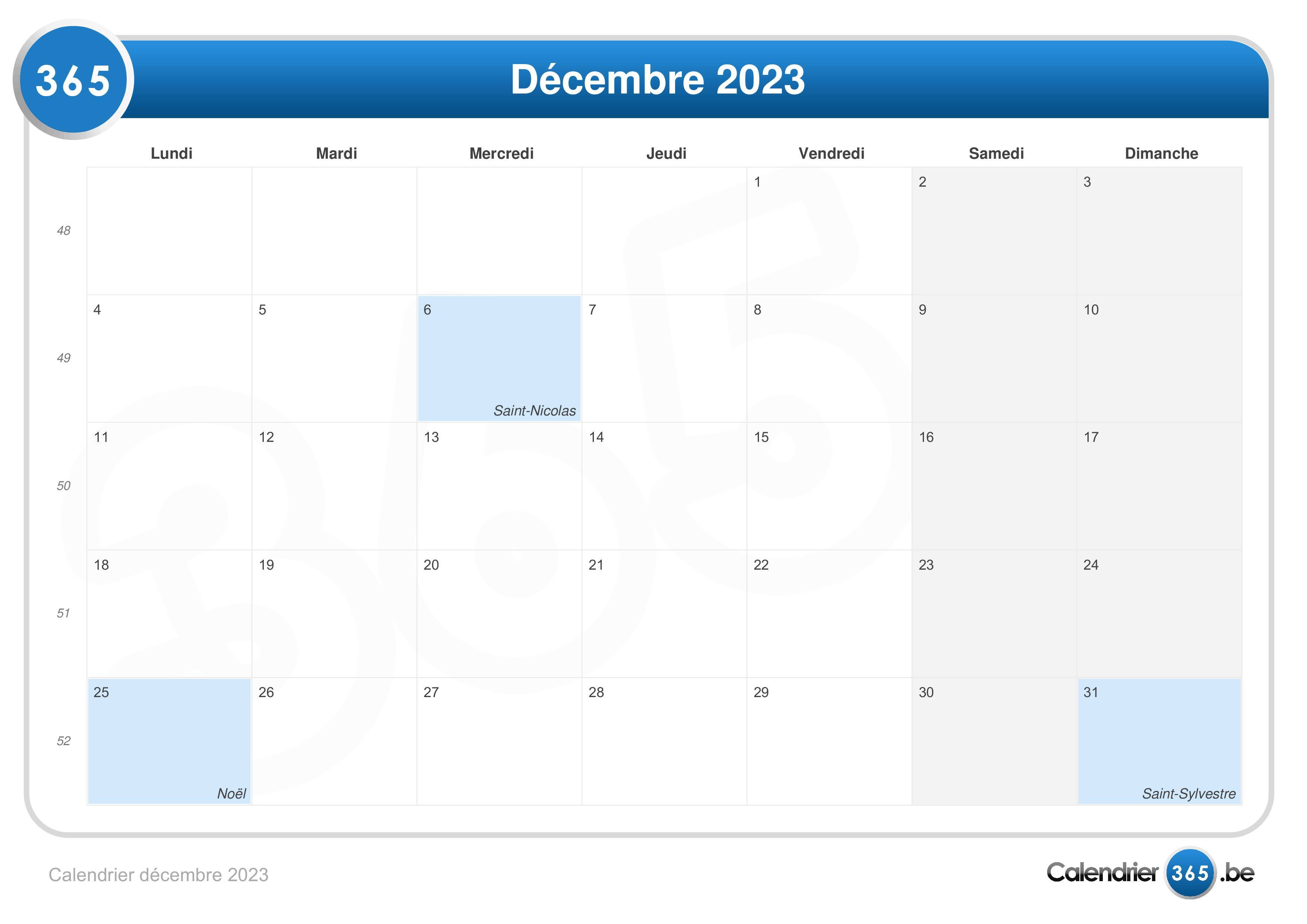 Calendrier décembre 2023