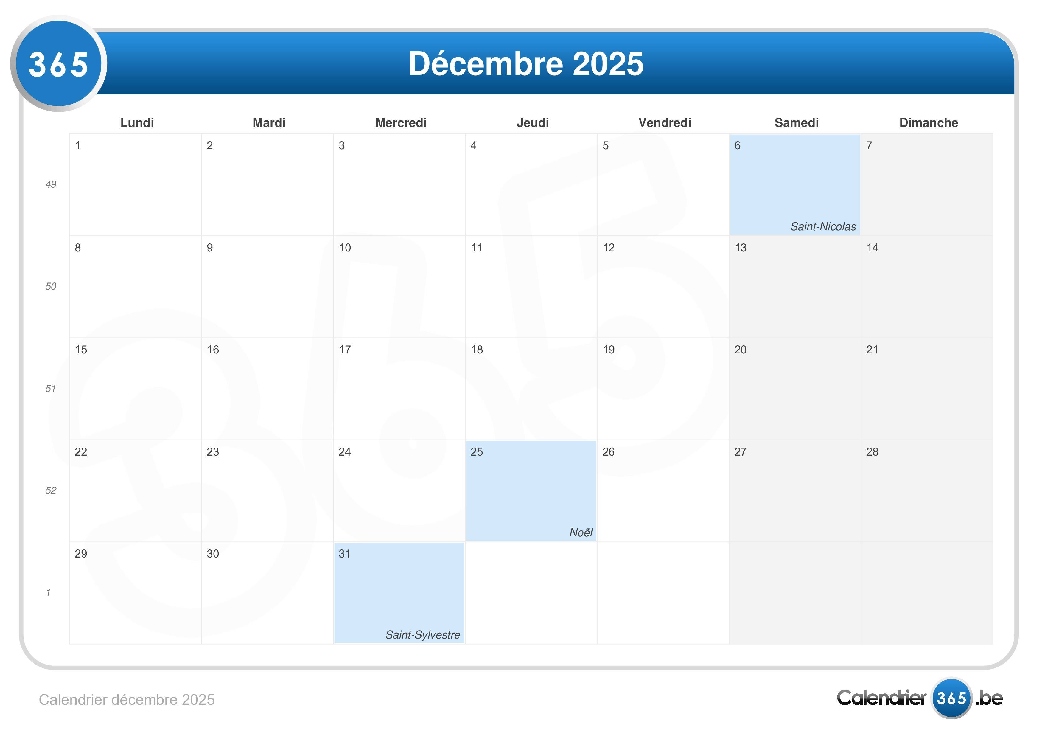 Calendrier décembre 2025