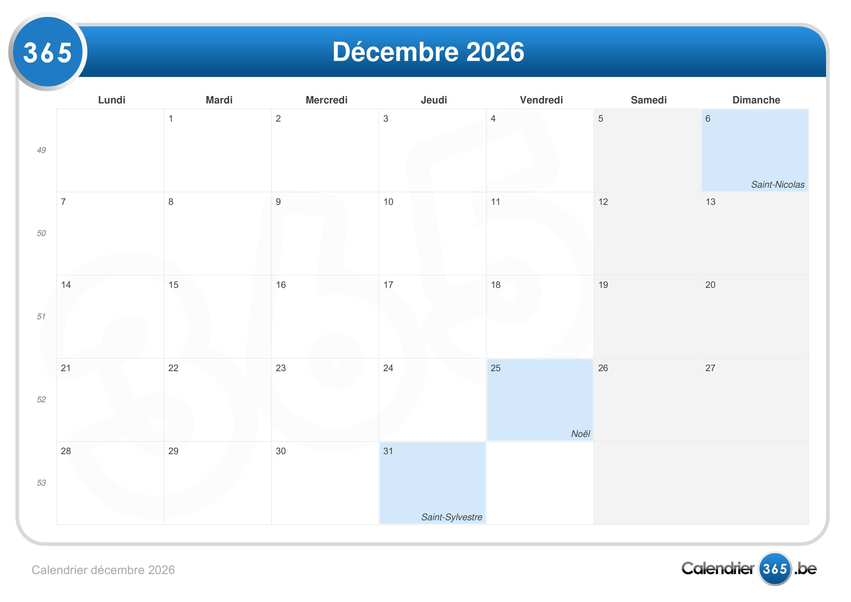  Calendrier  d cembre  2026