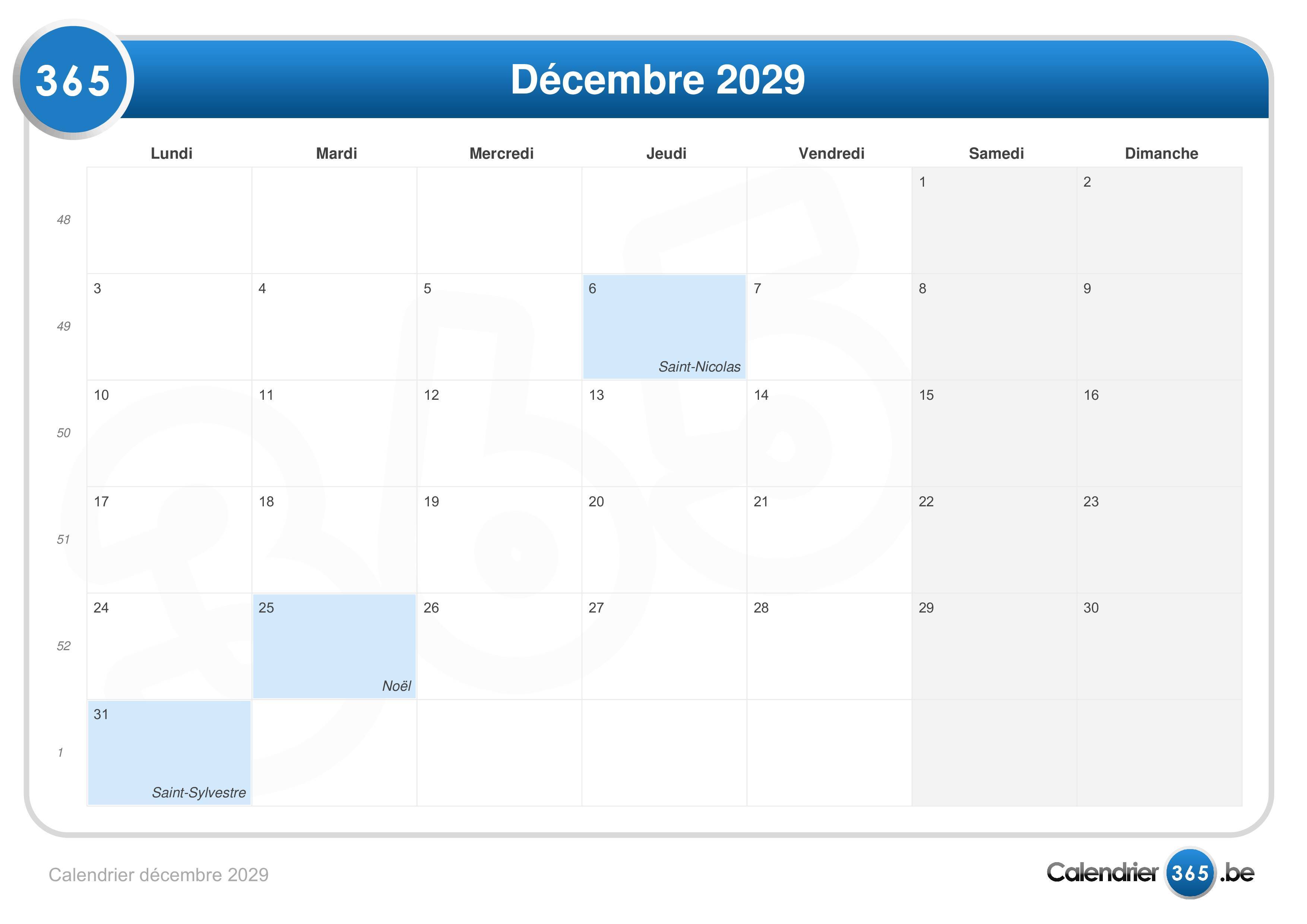  Calendrier  d cembre  2029