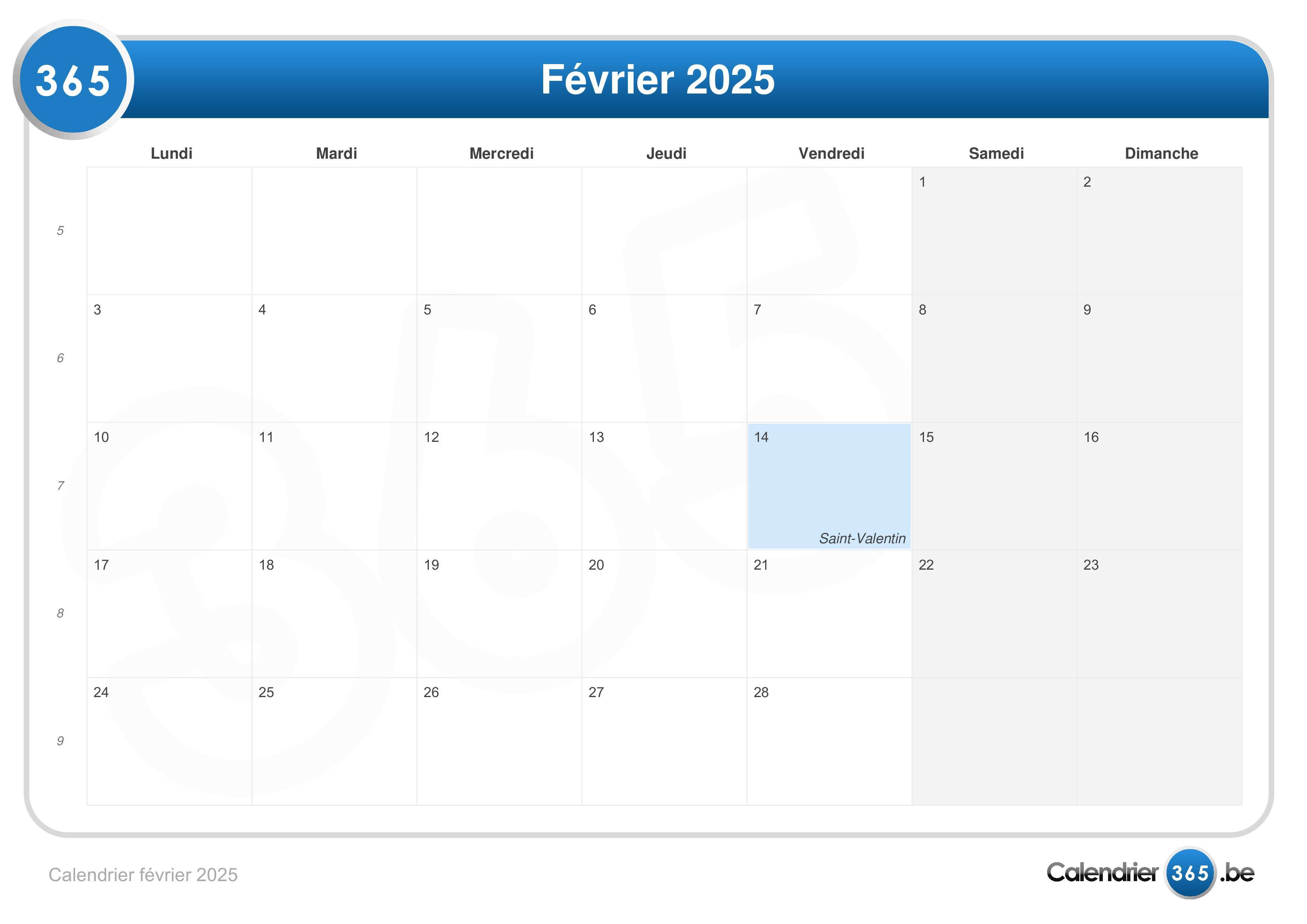 Calendrier février 2025